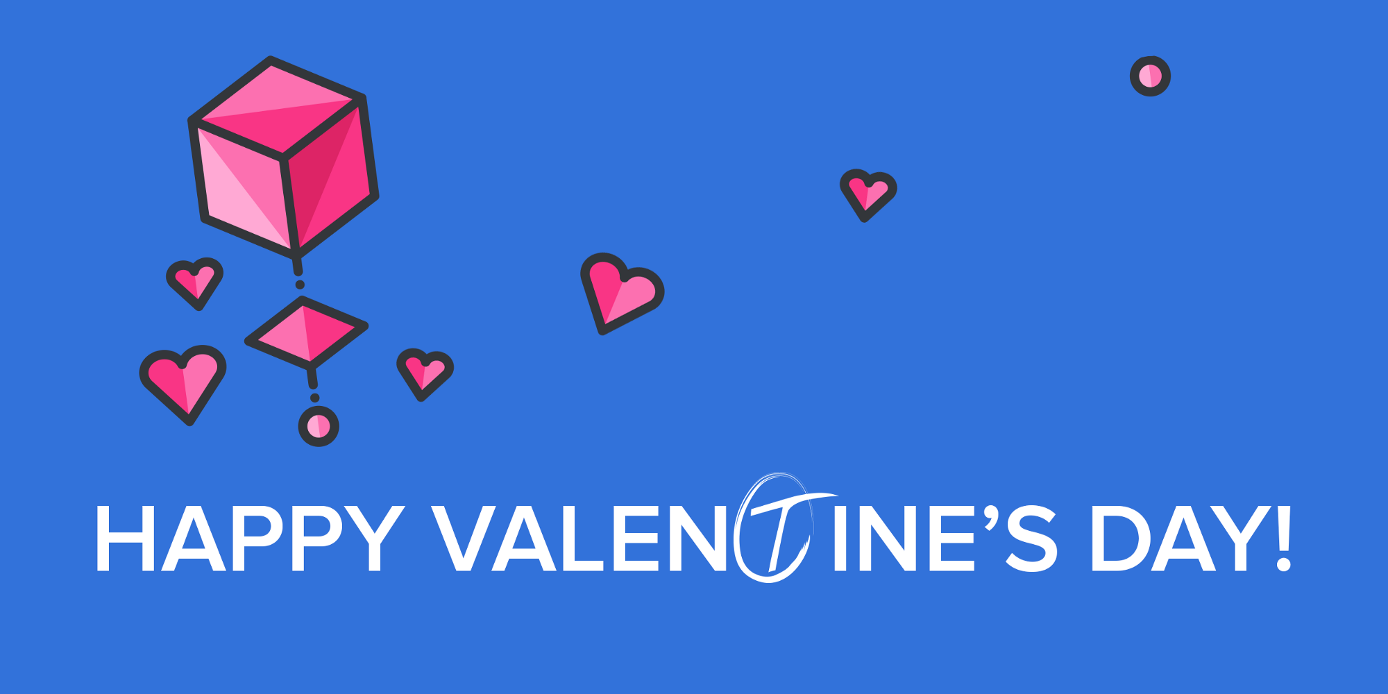 A graphic with a blue background. In the foreground are pink hearts and cubes, and white text saying "Happy Valentine's Day!"