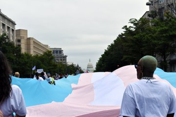 Giant trans flag unfurling before White House