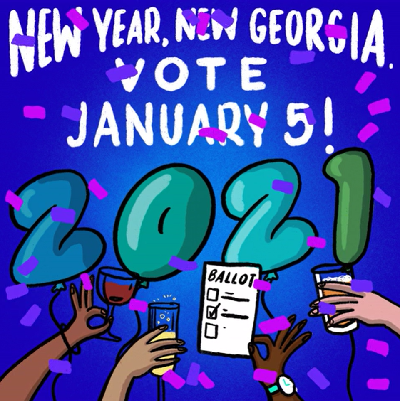 GIF people holding a ballot and champagne with writing "New year, new Georgia, vote January 5!"