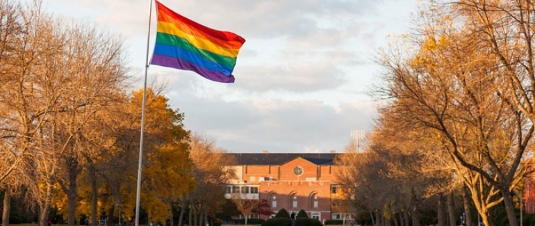 Una bandera del arco iris vuela fuera de un edificio escolar (Crédito de la foto: Fotografía de Megan Long)