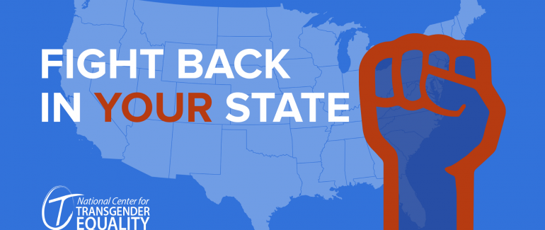 A graphic showing the United States' silhouette in the background. Overlaid is text saying, "Fight back in your state!" and a graphic of a fist.