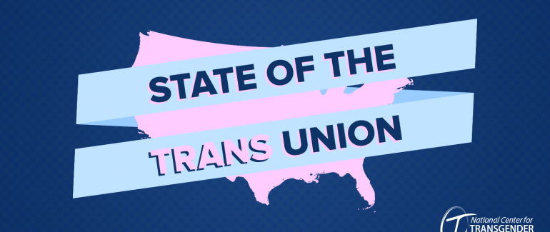 A graphic showing the United States' silhouette in pink, with text reading "State of the Trans Union" on top.
