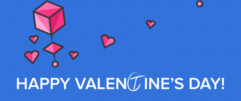 A graphic with a blue background. In the foreground are pink hearts and cubes, and white text saying "Happy Valentine's Day!"