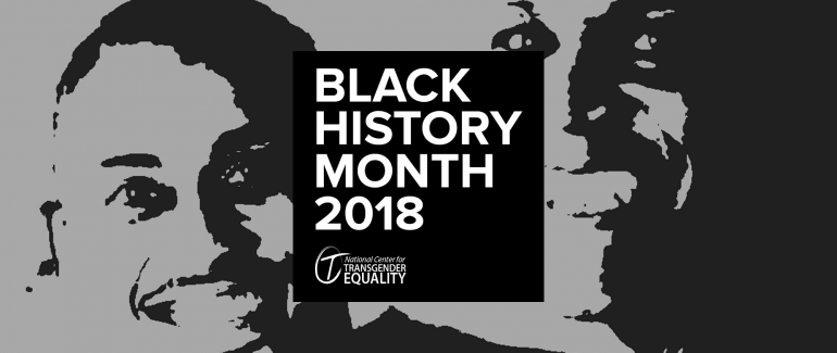 A black-and-white graphic with a stylized image of Phillipe Cunningham and Andrea Jenkins in the background, and a box in the foreground saying, "Black History Month 2018," and featuring NCTE's logo.