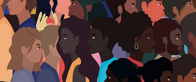 Cover of new report. Illustration of large diverse group of people in a crowd.