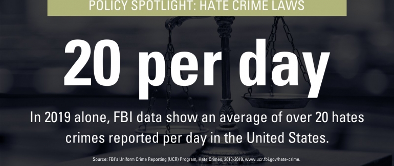 Text that reads: "20 per day. In 2019 alone, FBI data show an average of over 20 hate crimes reported per day in the United States."