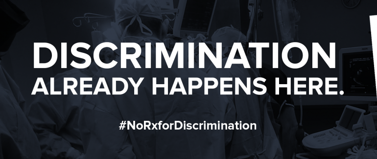 A dark blue monochrome background shows surgeons around an operating table. Text over the top reads, "Discrimination already happens here. Hashtag No Rx for Discrimination."