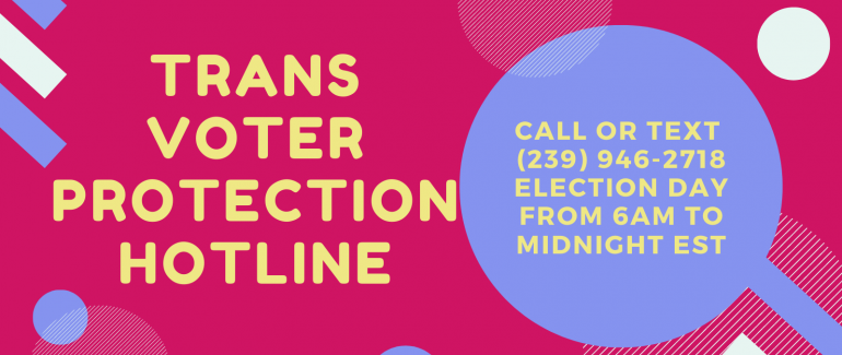 Graphic saying call or text the National Trans Voter Protection Hotline at 239-946-2718
