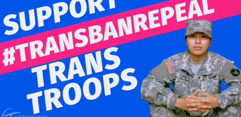 A soldier wearing fatigues sitting with the text "Support Trans Troops #TransBanRepeal"